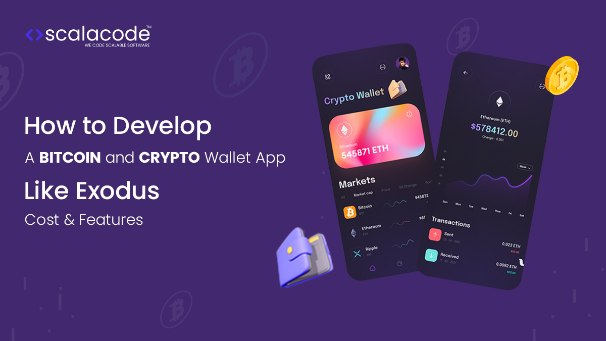 Image of a smartphone displaying a Bitcoin and Crypto Wallet App interface resembling Exodus. Learn the steps to create a secure and user-friendly cryptocurrency wallet application.