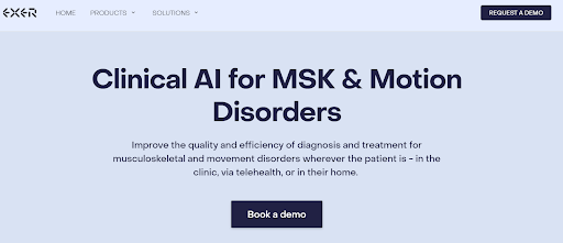 Clinical AI platform for musculoskeletal and motion disorders offering telehealth solutions and a demo booking option.