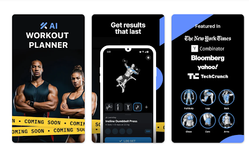 AI workout planner app preview with muscular athletes, exercise interface, and featured media logos.