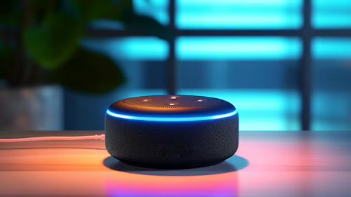 Smart speaker with a glowing blue light on a table, representing a personal assistant system in a modern indoor setting.