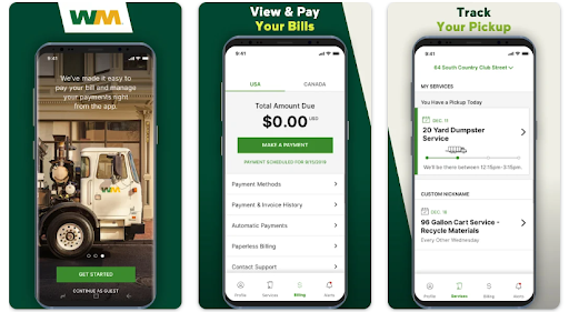 Screenshots of the 'My WM' app showcasing features like viewing and paying bills, tracking pickups, and managing services with a clean user interface and waste management branding.