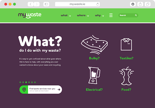 Homepage of the 'MyWaste' website featuring categories like bulky items, textiles, electrical, and food waste, with a clean design and a green and purple color scheme.
