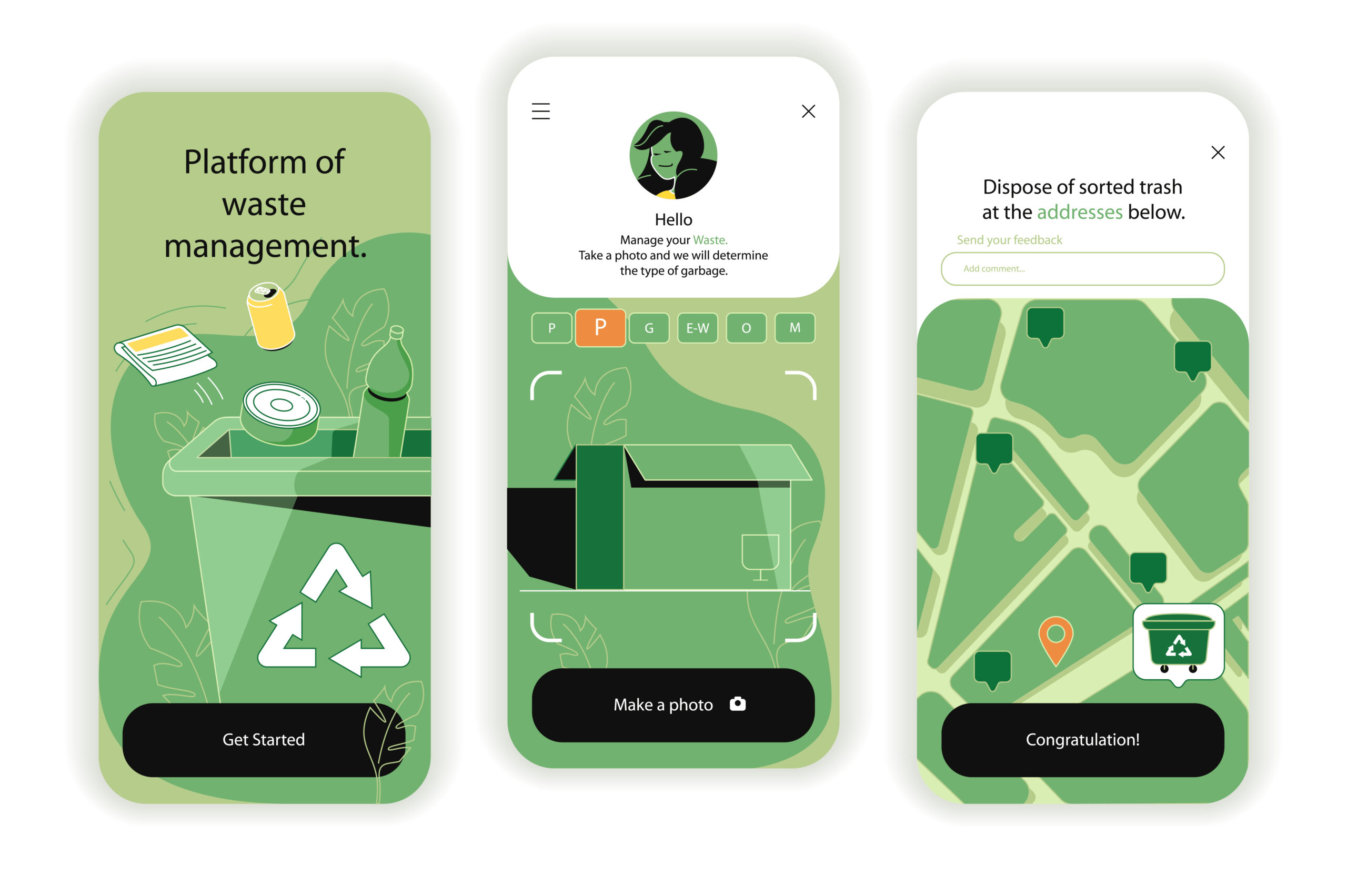Mobile app interface design for a waste management platform with features for waste identification, sorting, and disposal locations on a map.