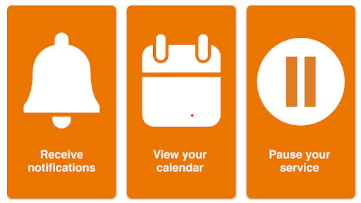 Icons representing options to receive notifications, view your calendar, and pause your service, displayed in orange boxes.