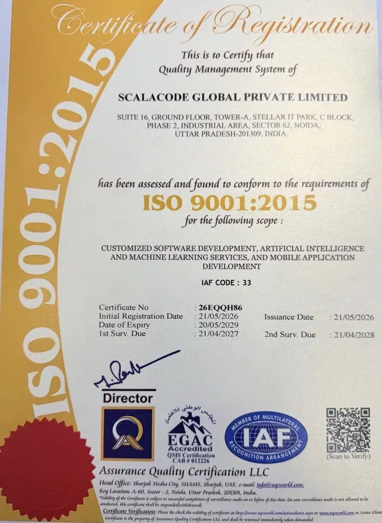 ISO 9001:2015 Certificate ScalaCode Compliance